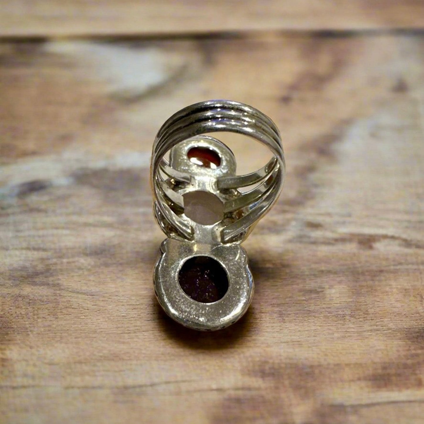 Amazing Raspberry Red Rhodolite, Moonstone & Carnelian Three Stone Ring size 6