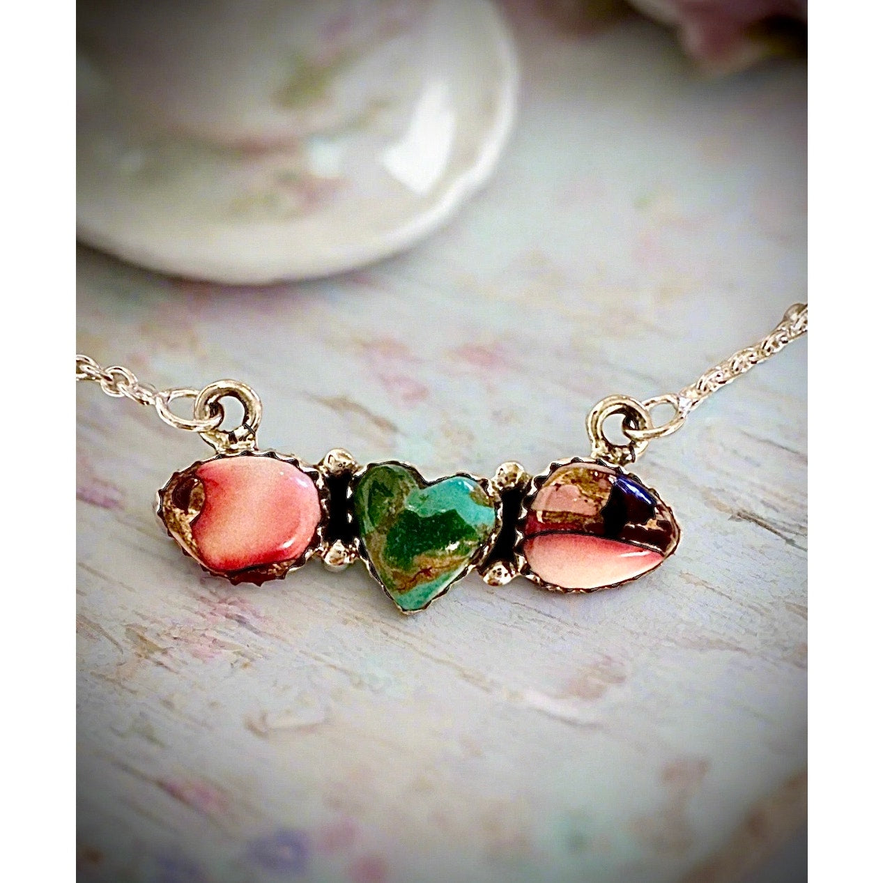Sonoran Gold Turquoise & Rose Dahlia Heart Necklace 16-18”