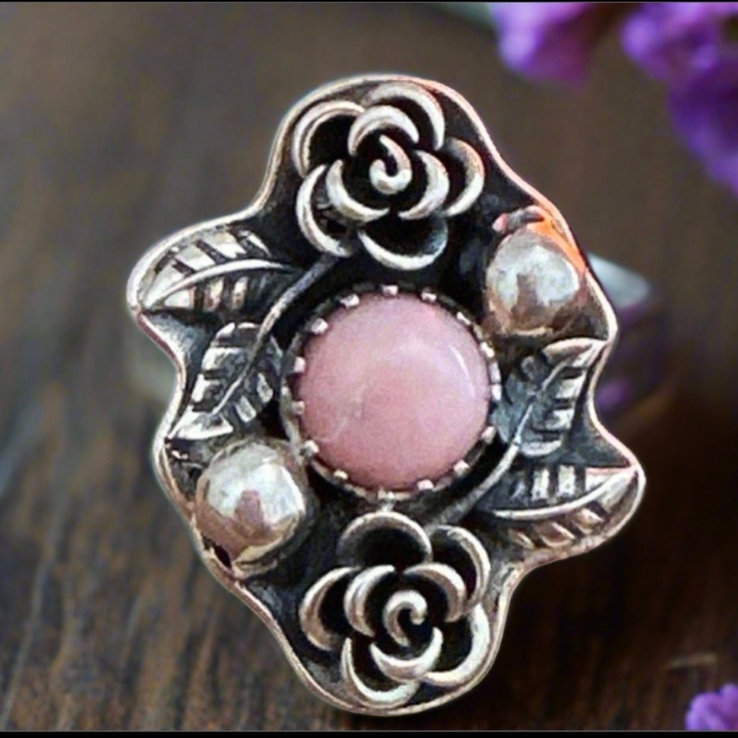 Amazing Pink Opal Hand Carved 925 Sterling Silver Ring Size 6
