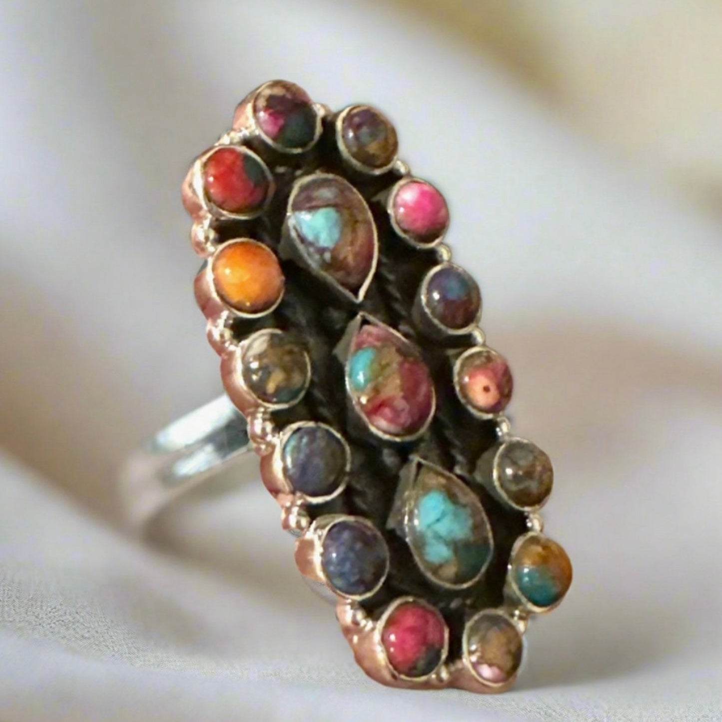 Stunning Spiny Oyster Pink Dahlia Southwestern Ring Adjustable 2” Long