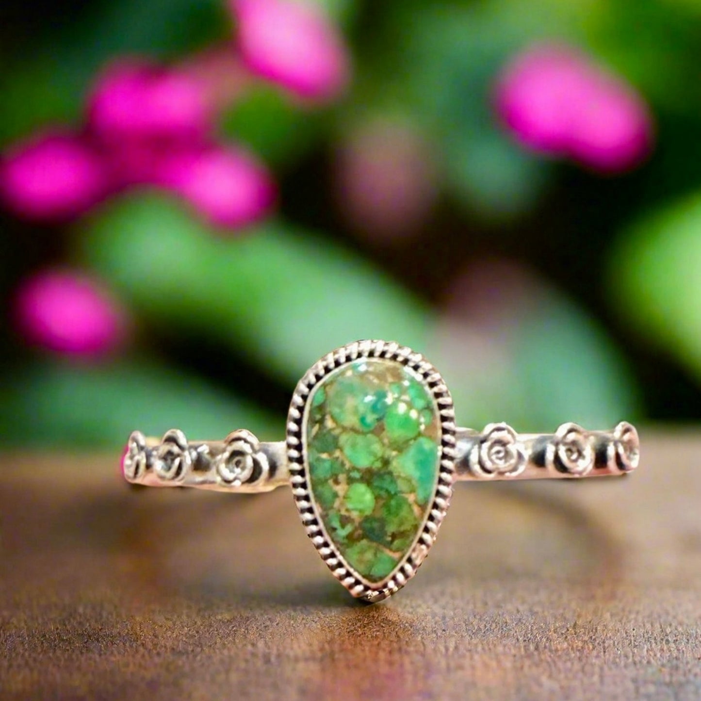 Copper Green Turquoise Teardrop Sterling Silver Cuff Bracelet