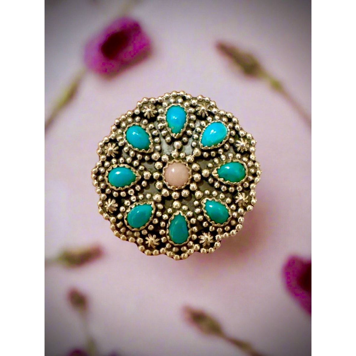 Kingman Turquoise & Pink Opal Floral Dots Southwestern Ring Size 7.75