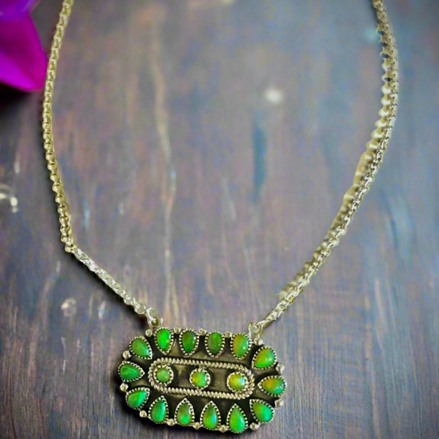 Green Opal Oval Shaped Sterling Silver 925 Necklace Adjustable 18”