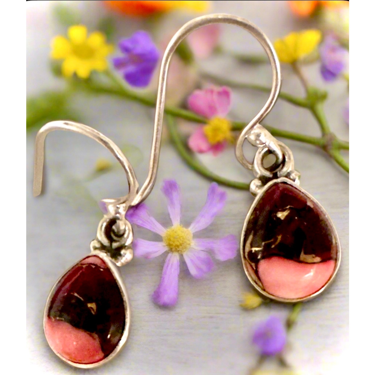 Red Rose Dahlia Turquoise Teardrop Dangle Earrings 1” Long