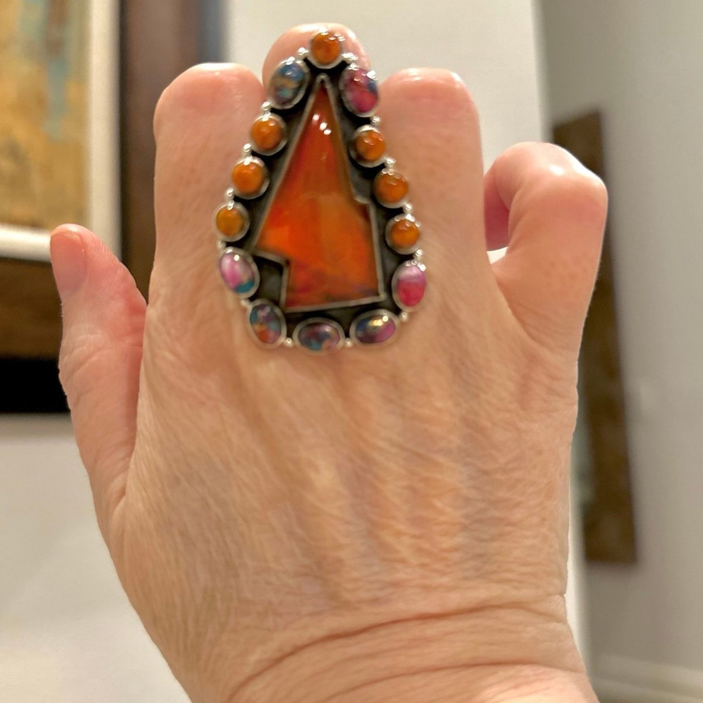 Spiny Oyster & Aurora Opal Lightening Bolt Southwestern Ring 2” Long