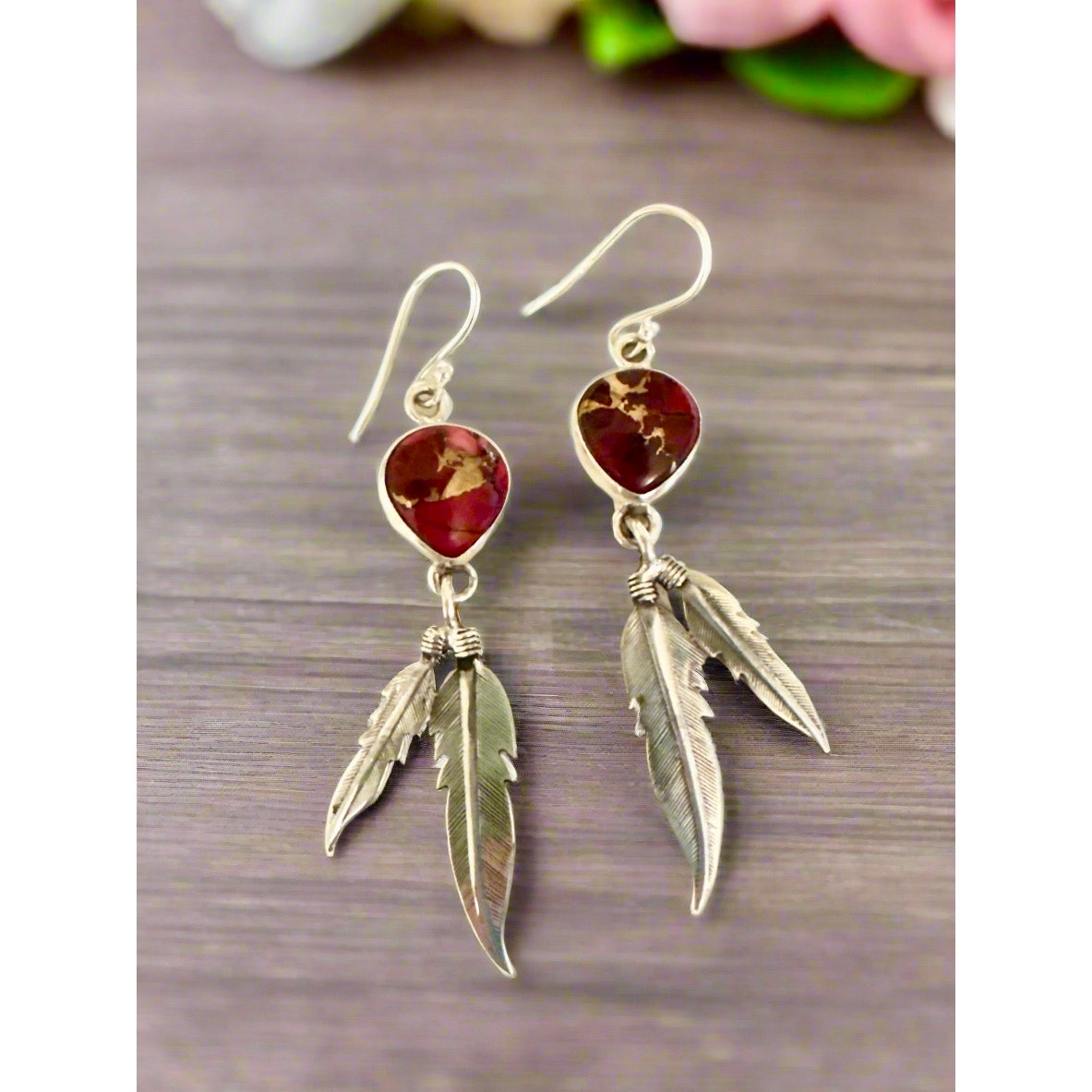 Red Rose Dahlia Feather Native American Style Dangle Earrings 1.5”