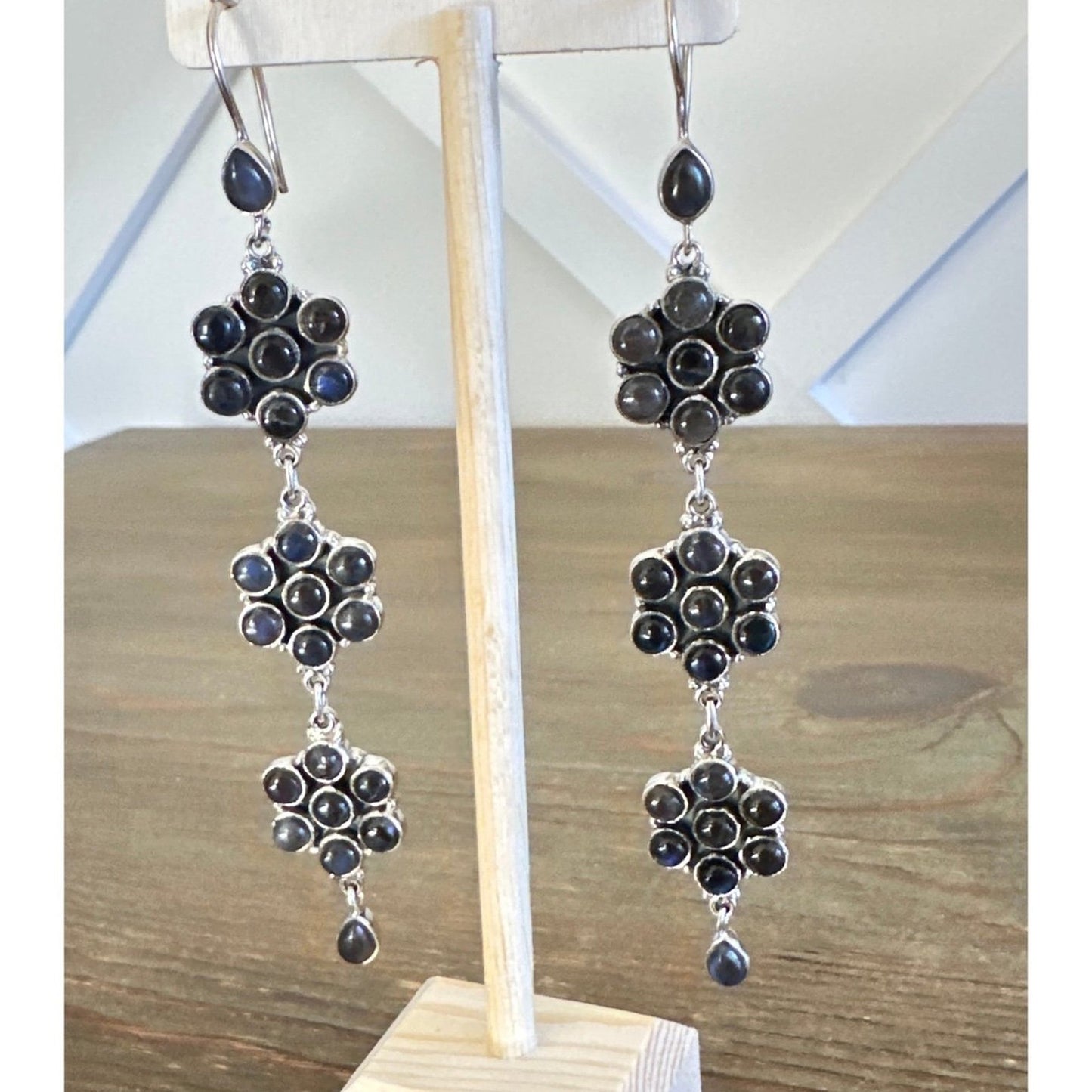 Natural Labradorite Flower Dangle .925 Sterling Silver Earrings 4.5” Long!