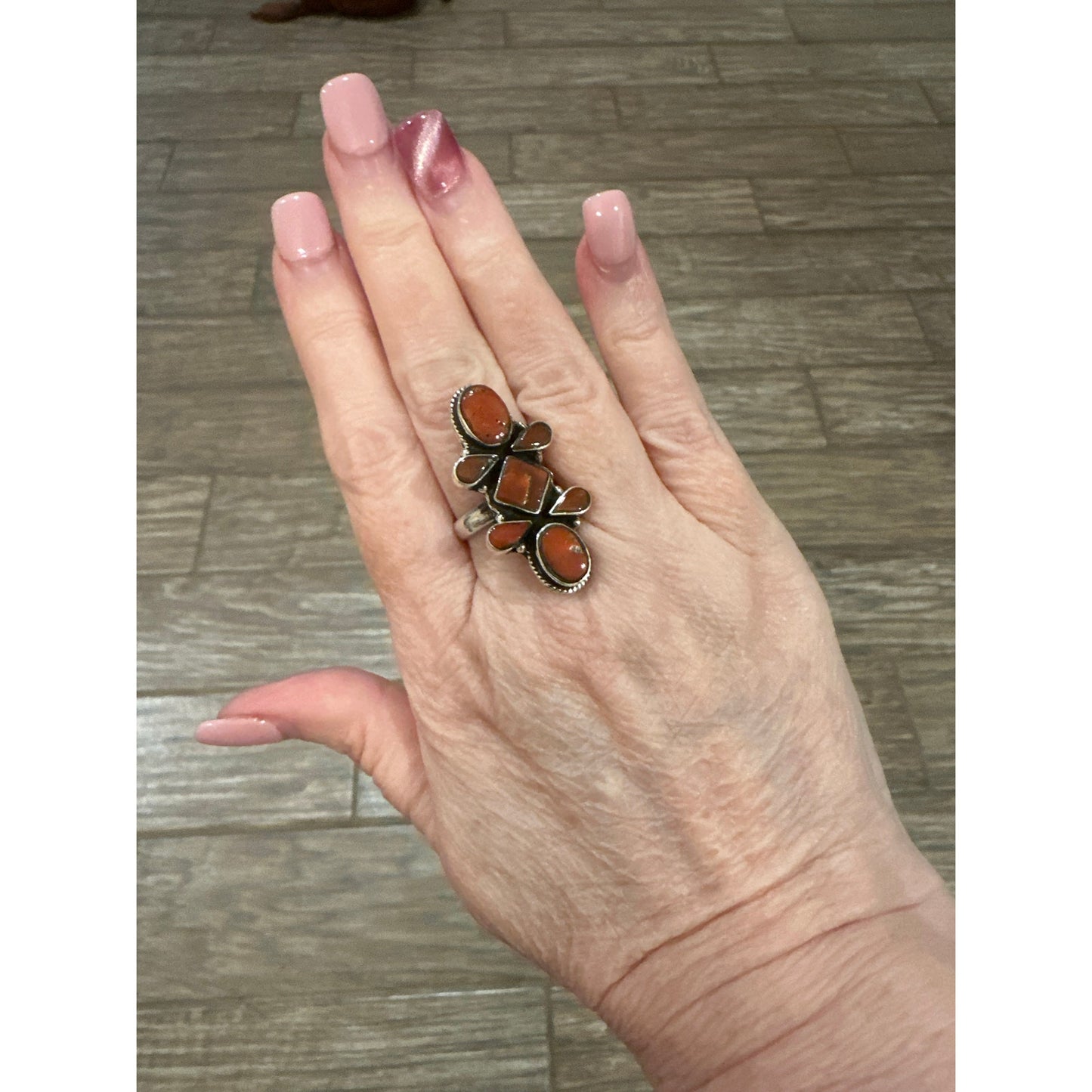 Coral Southwestern Sterling Silver Ring Adjustable Size 5-12