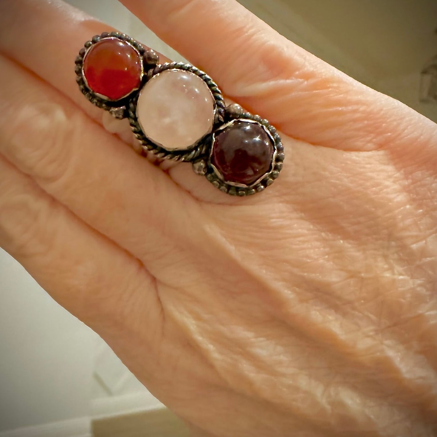 Amazing Raspberry Red Rhodolite, Moonstone & Carnelian Three Stone Ring size 6