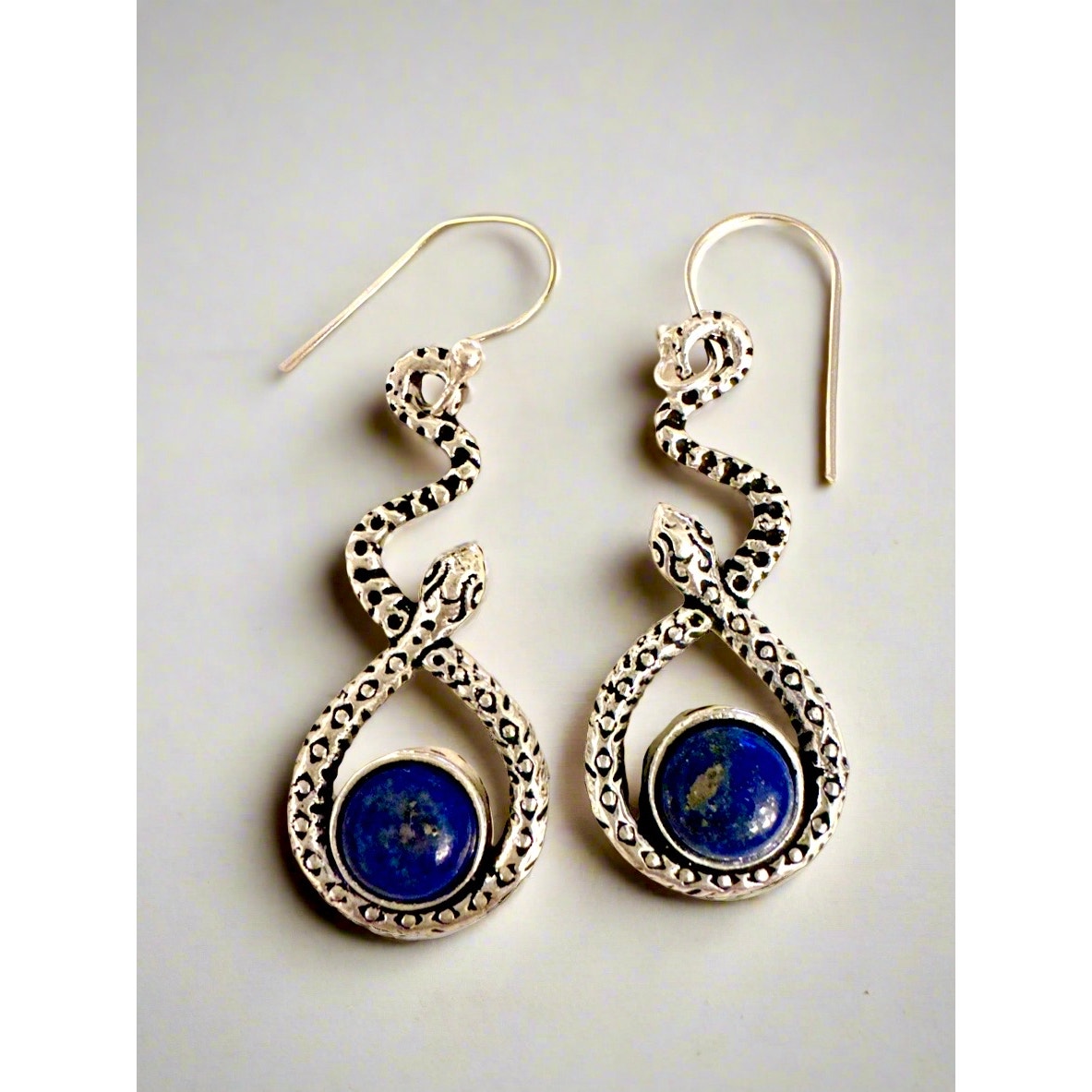 Premium Lapis Lazuli Snake Southwestern Dangle Sterling Earrings 1.75” Long