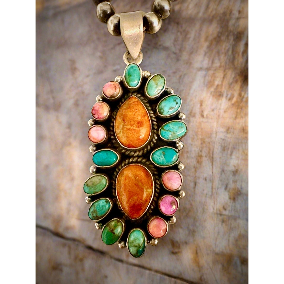 Blue turquoise orange spiny oyster pink Dahlia pendant 2.25”