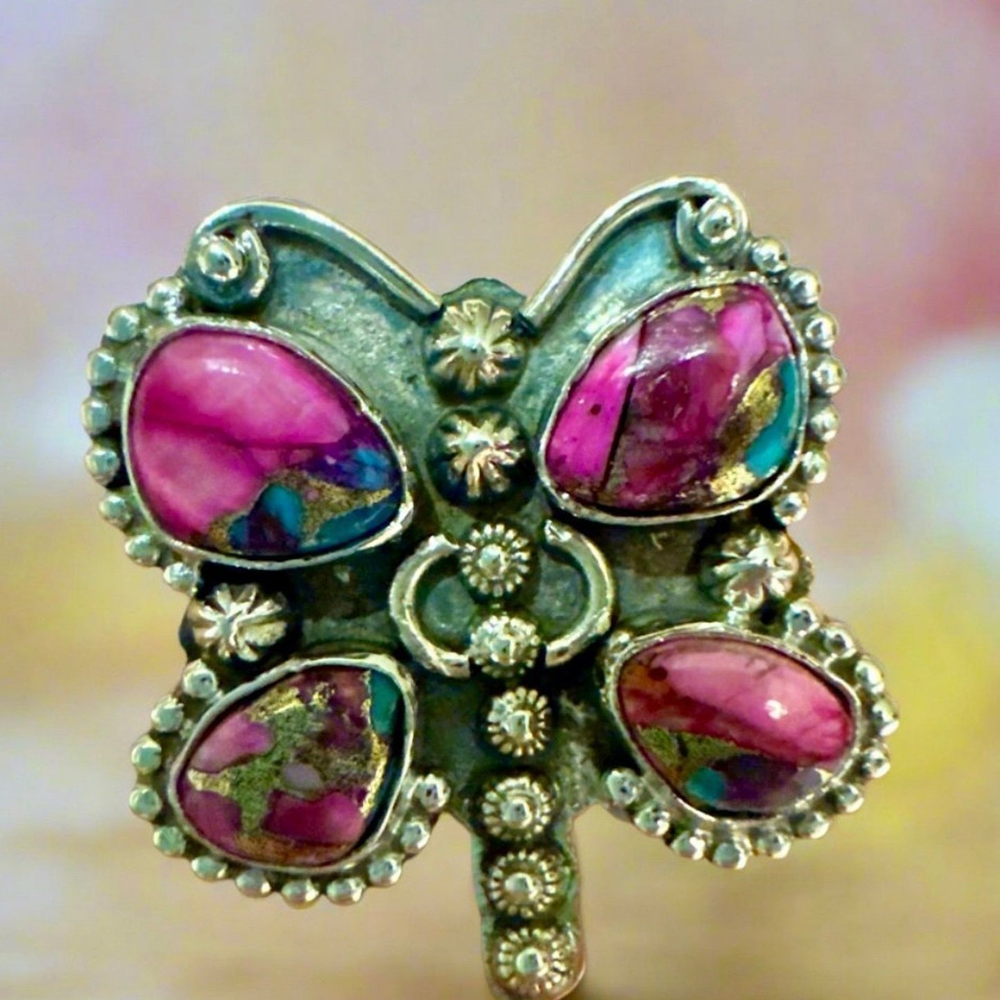Pink Dahlia Spiny Oyster Butterfly Southwestern Sterling Silver Ring 6,7,8,9