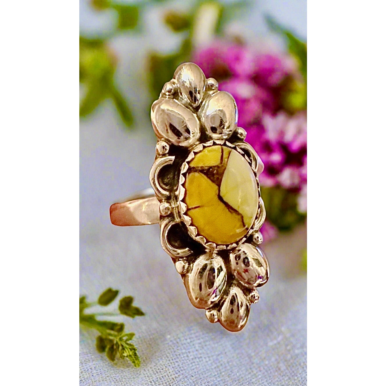 Honey Dahlia Oval Sterling Silver Ring 1.30” Long Size 9