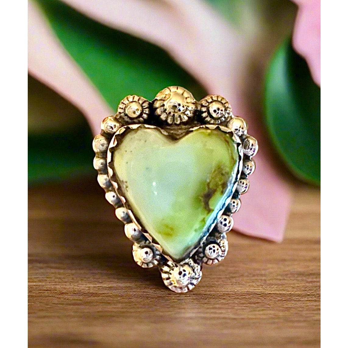 Light Green Palomino Tirquoise Heart Ring Sterling Silver Size 5-11 Adjustable