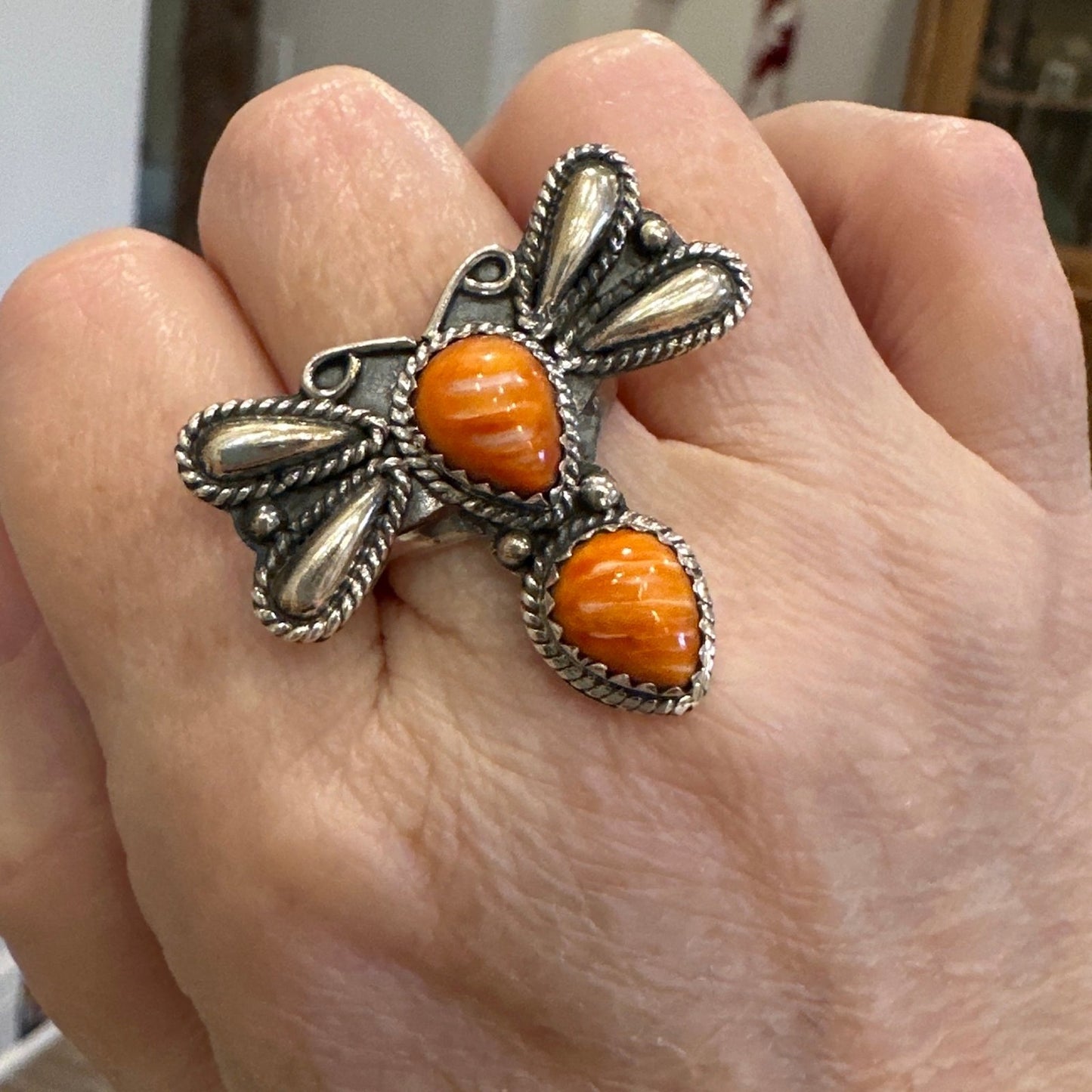 Orange Spiny Oyster Butterfly Ring .925 Sterling Silver Size 9