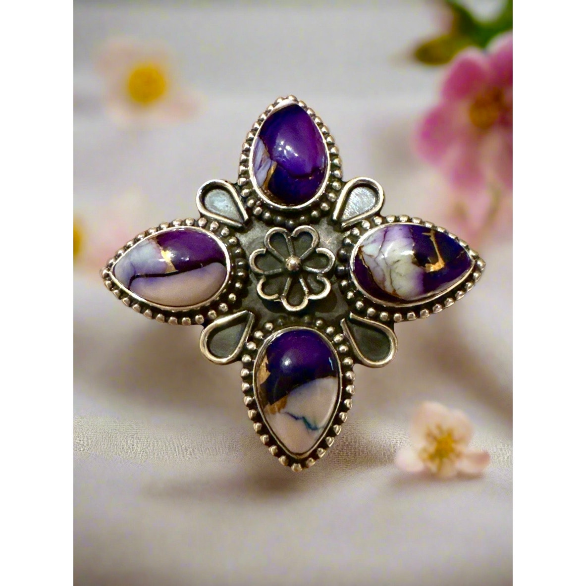 Purple Copper Dahlia Turquoise Sterling Silver Ring Size 8