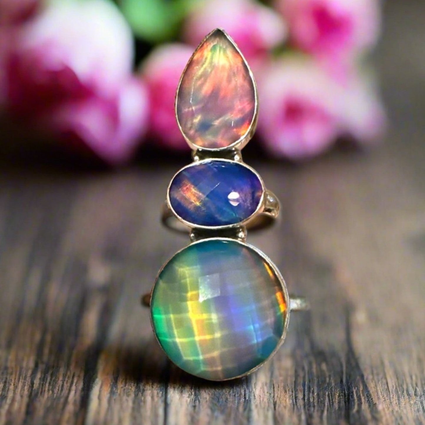 Three Stone Aurora Opal Faceted Handmade Sterling Silver Ring Adjustable