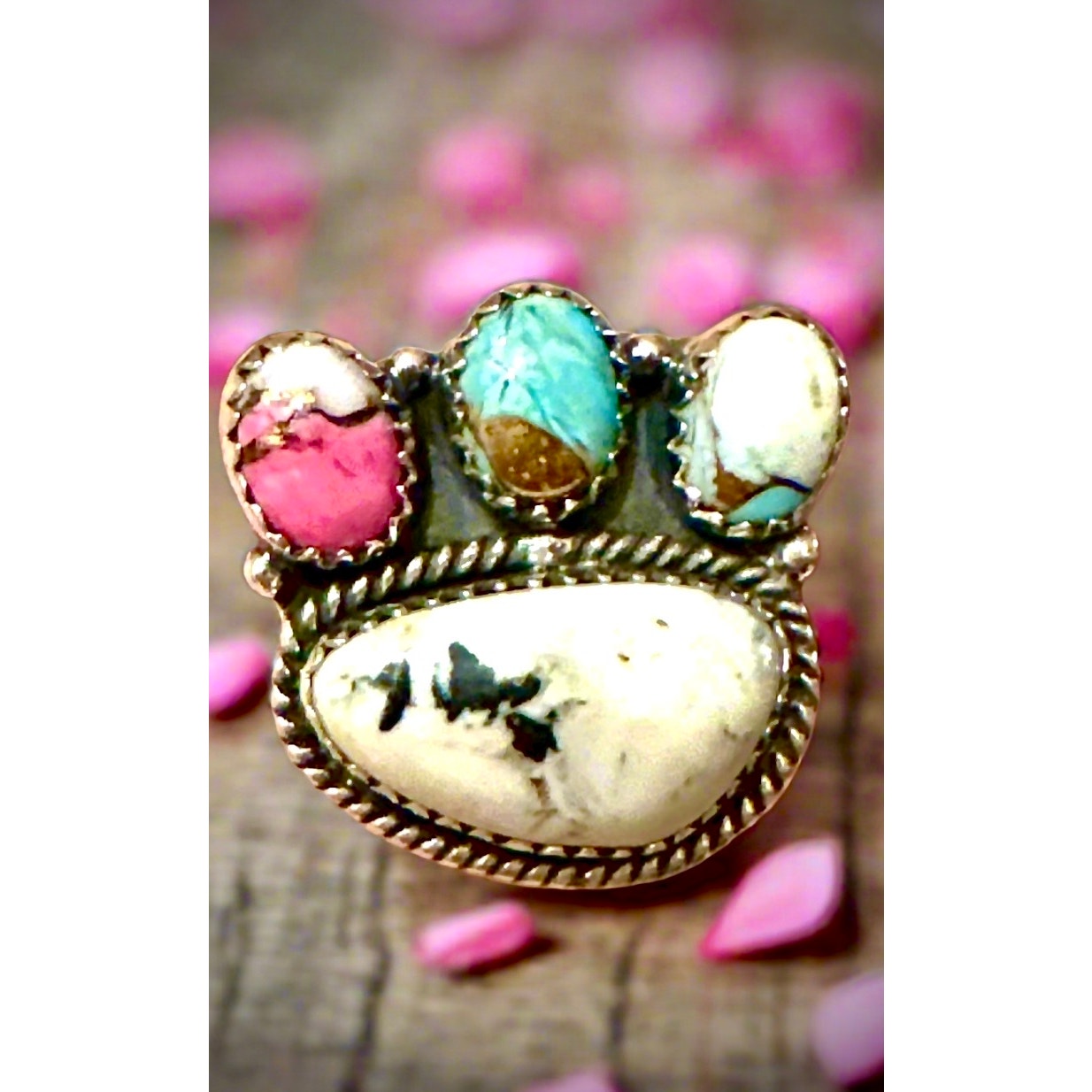 White Buffalo & Cotton Candy Cluster Sterling Ring Adjustable 5-11