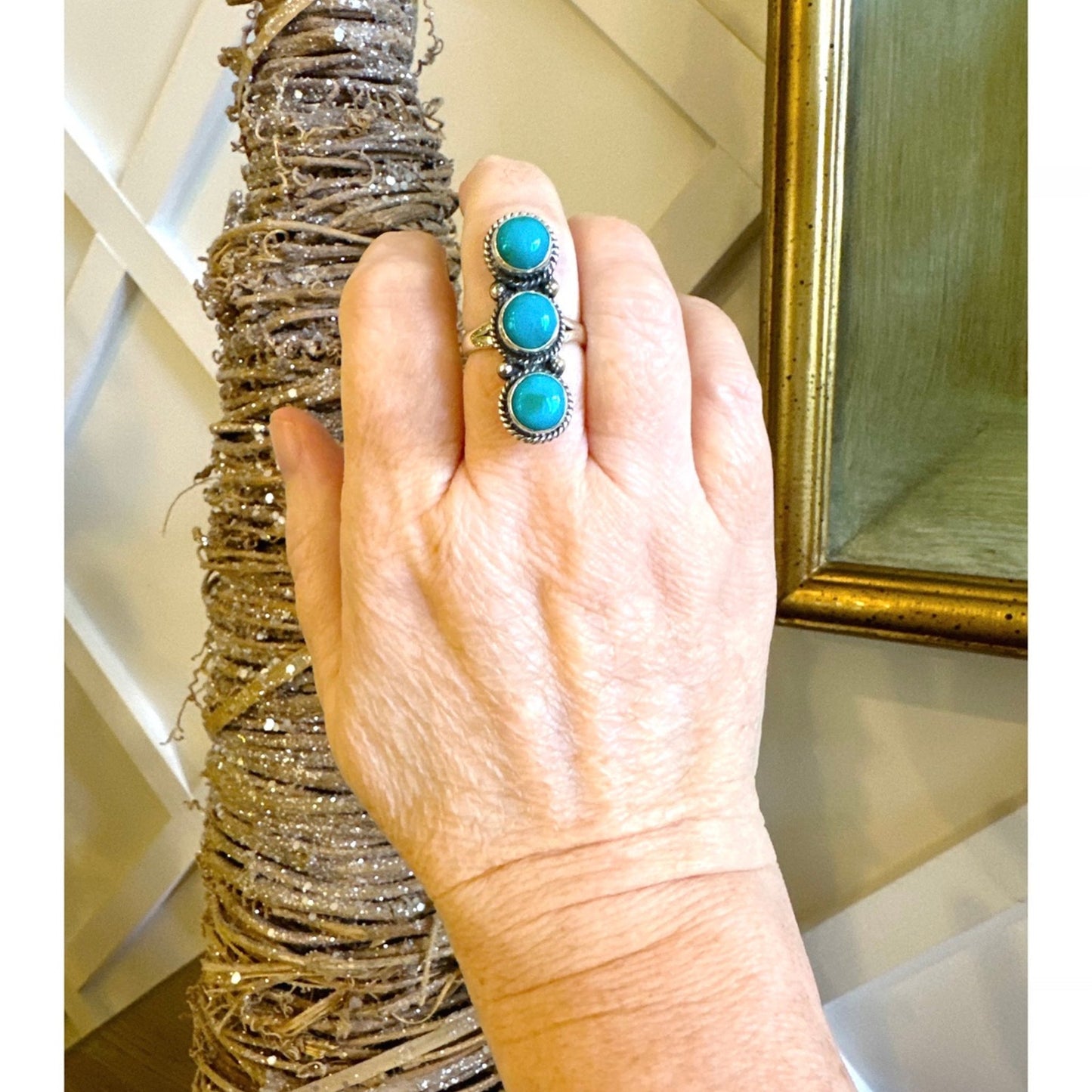 Three Stone Southwestern Kingman Turquoise Ring .925 Sterling Silver 7.25