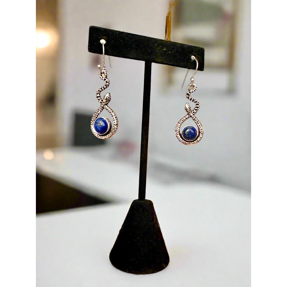 Premium Lapis Lazuli Snake Southwestern Dangle Sterling Earrings 1.75” Long