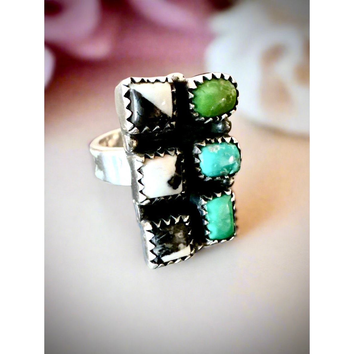 Sonoran Gold Turquoise | White Buffalo | Square Cluster Ring | 5-10