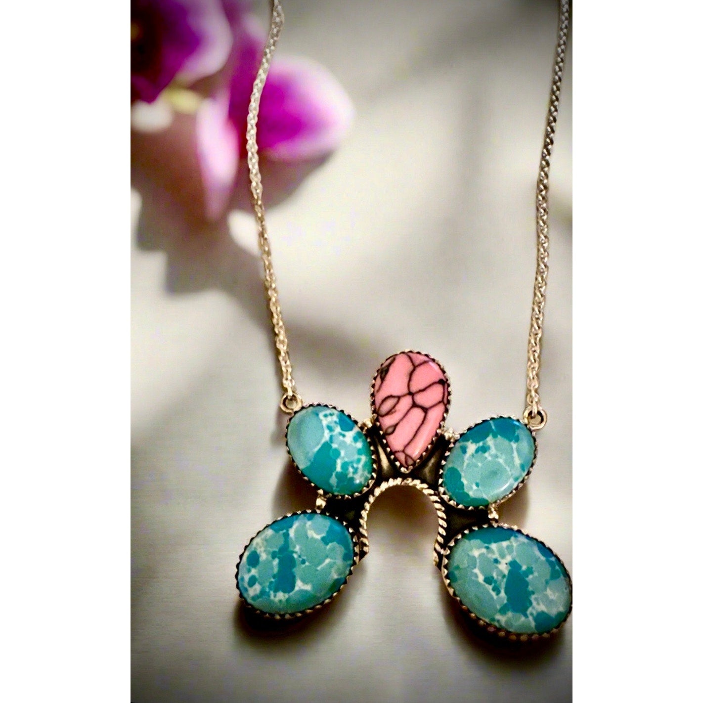 Pink Gibbsite & Larimar Naja Sterling Necklace 18” Adjustable