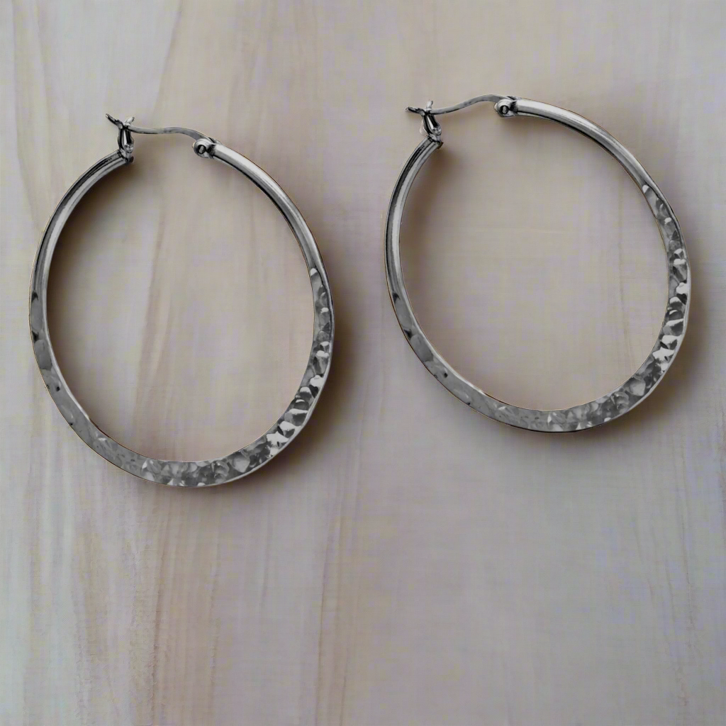 Large Hammered Hoop Earrings .925 Sterling Silver