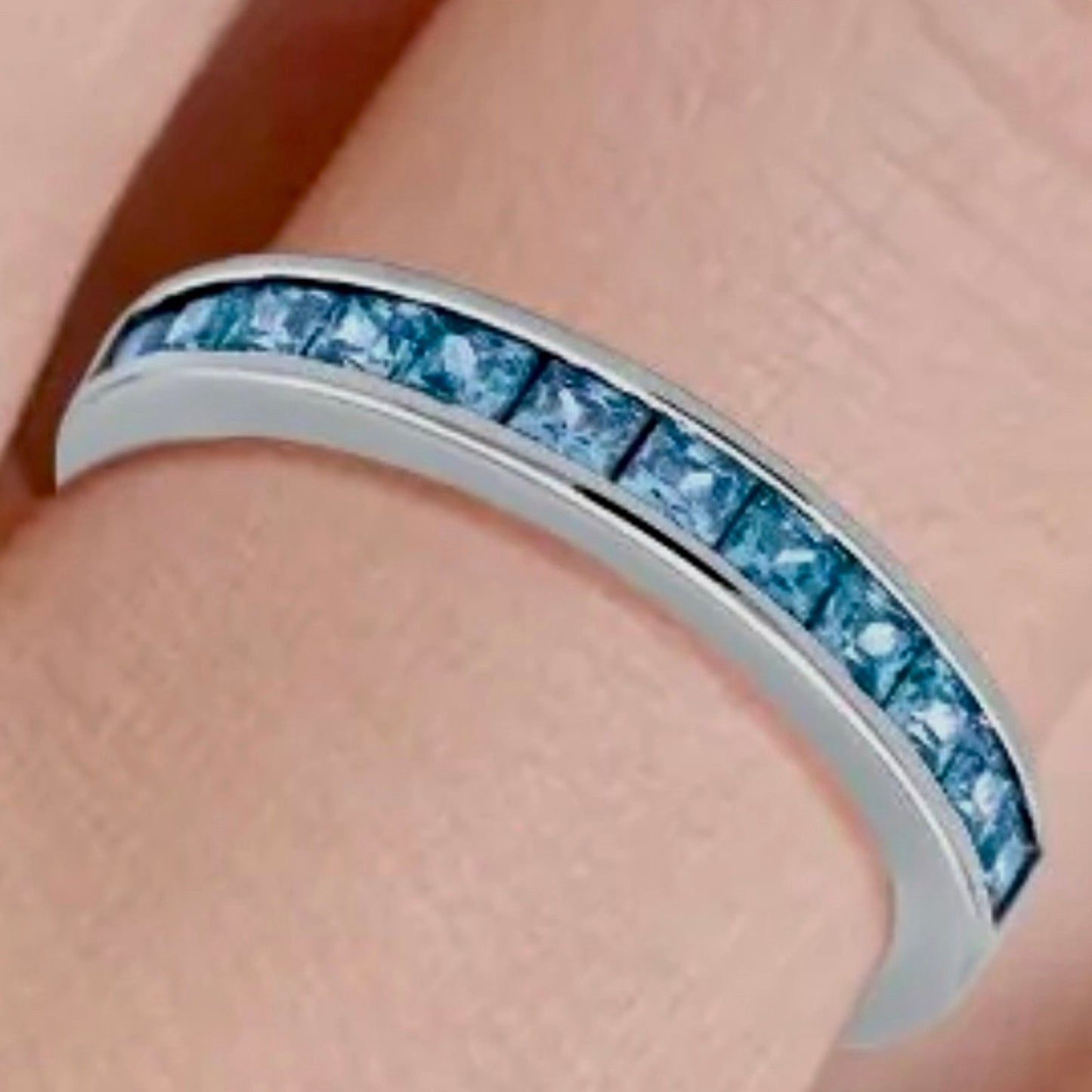 Half Eternity Band Wedding Ring Simulated Aquamarine CZ 925 Sterling Silver.
