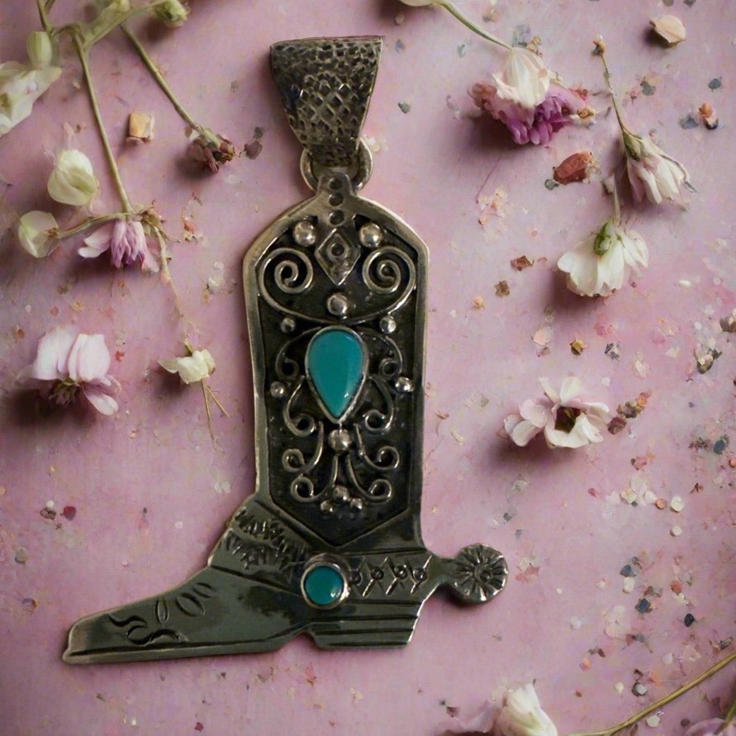 Turquoise Cowboy Boot Sterling Southwestern Pendant 2” Long