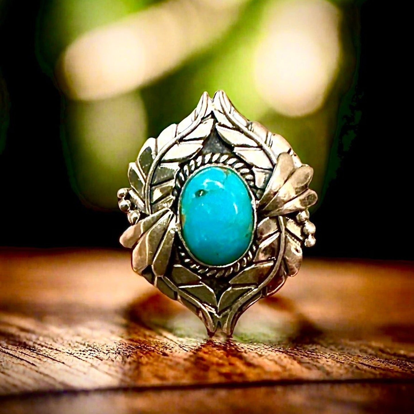 Kingman Blue Turquoise Oval Leaf Feather Sterling Silver Ring Size 7,8