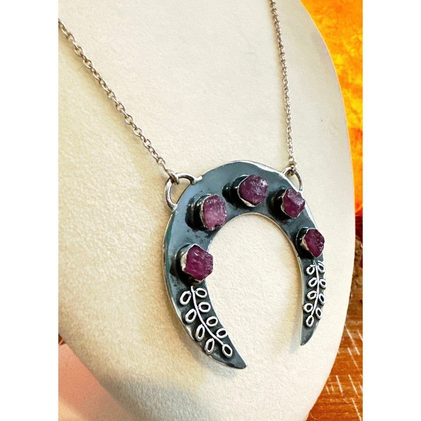 Handmade Oxidized Sterling Silver Crescent Moon Necklace w Rough Ruby Gemstones