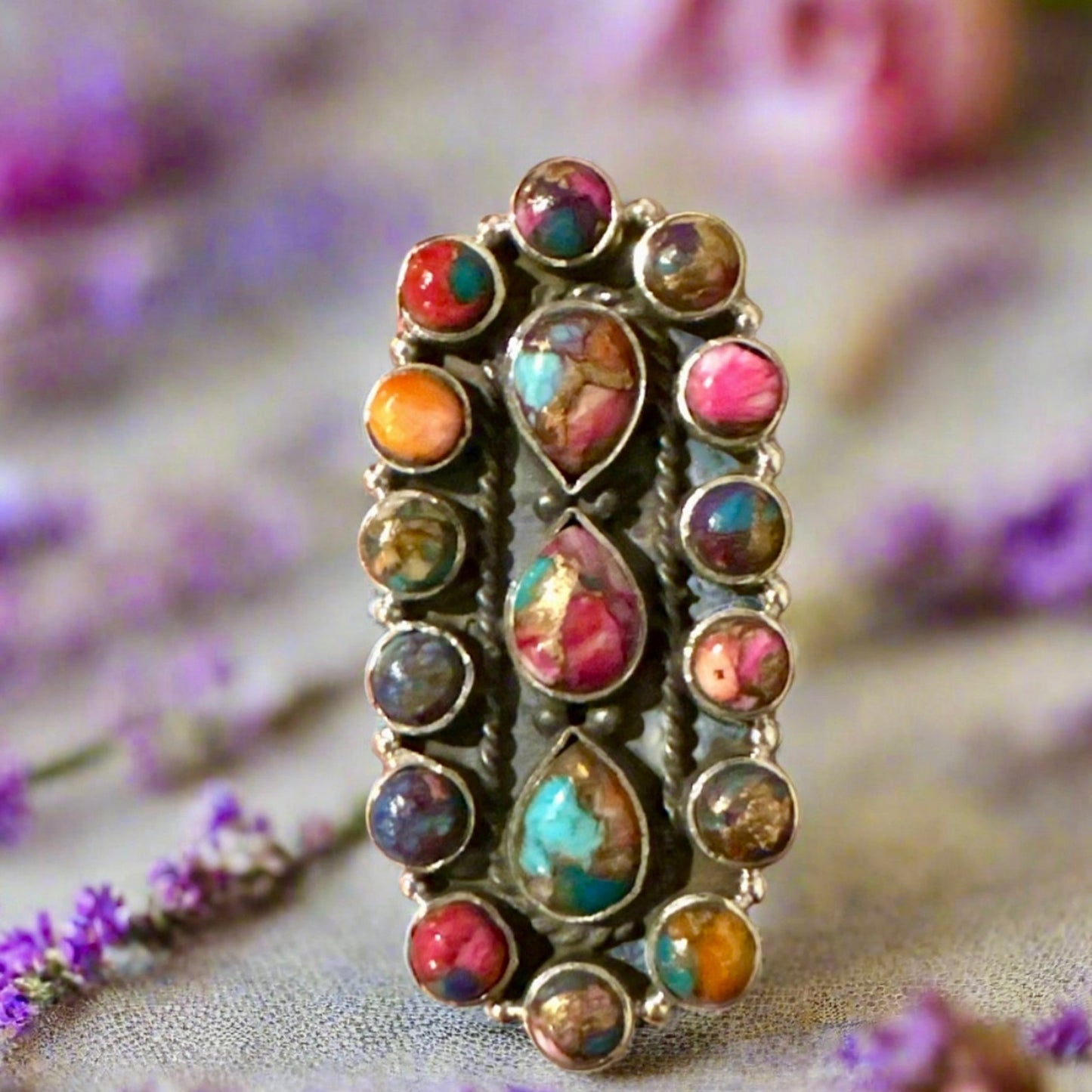 Stunning Spiny Oyster Pink Dahlia Southwestern Ring Adjustable 2” Long
