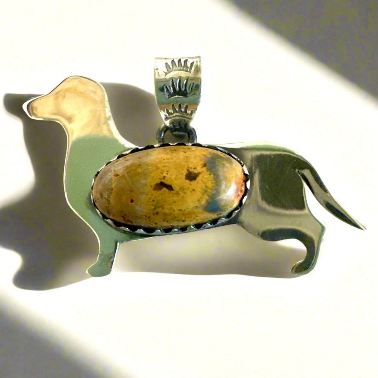 Weiner Dog Daschund Bumblebee Jasper Sterling Silver Pendant 1.25”