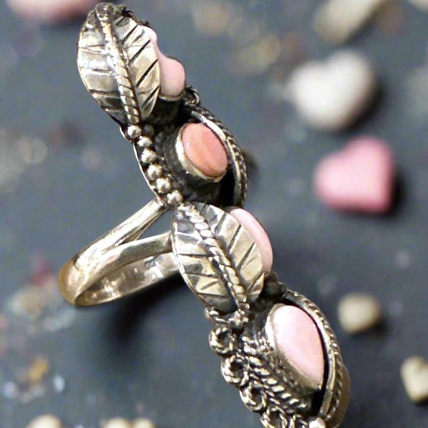 Pink Conch Four Stone Floral Leaf .925 Ring Size 7.25