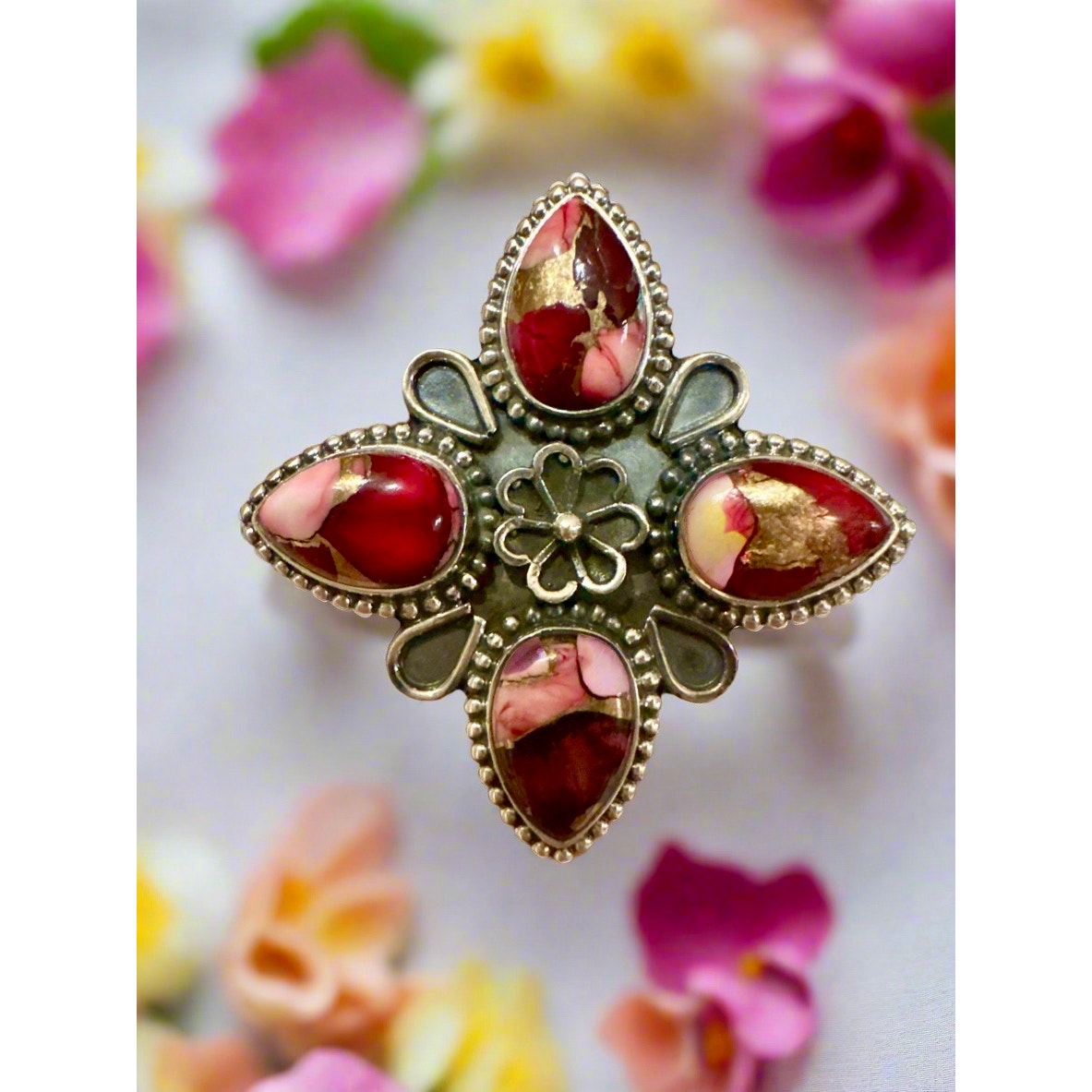 Red Rose Dahlia Statement Ring Sterling Silver Size 7