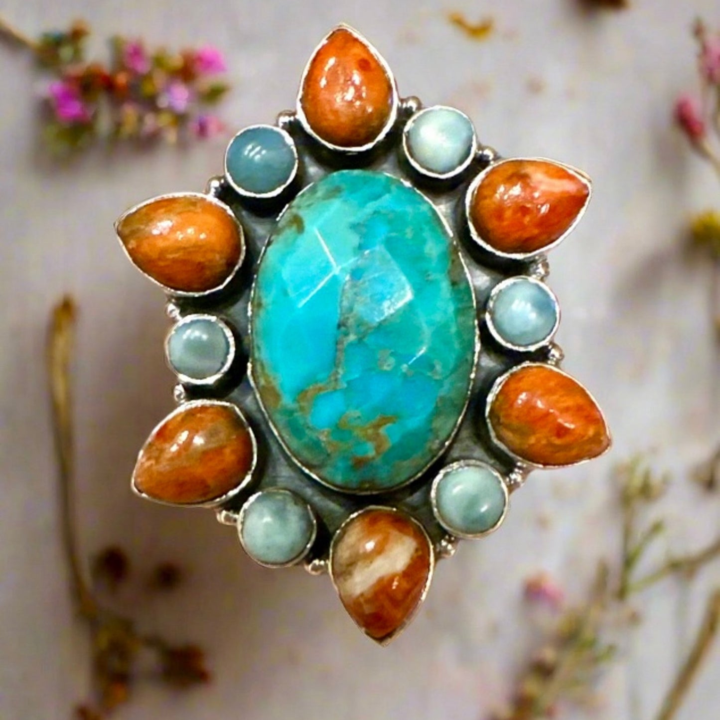 Faceted Mohave Turquoise Spiny Oyster & Larimar Statement Ring 1.75” Long