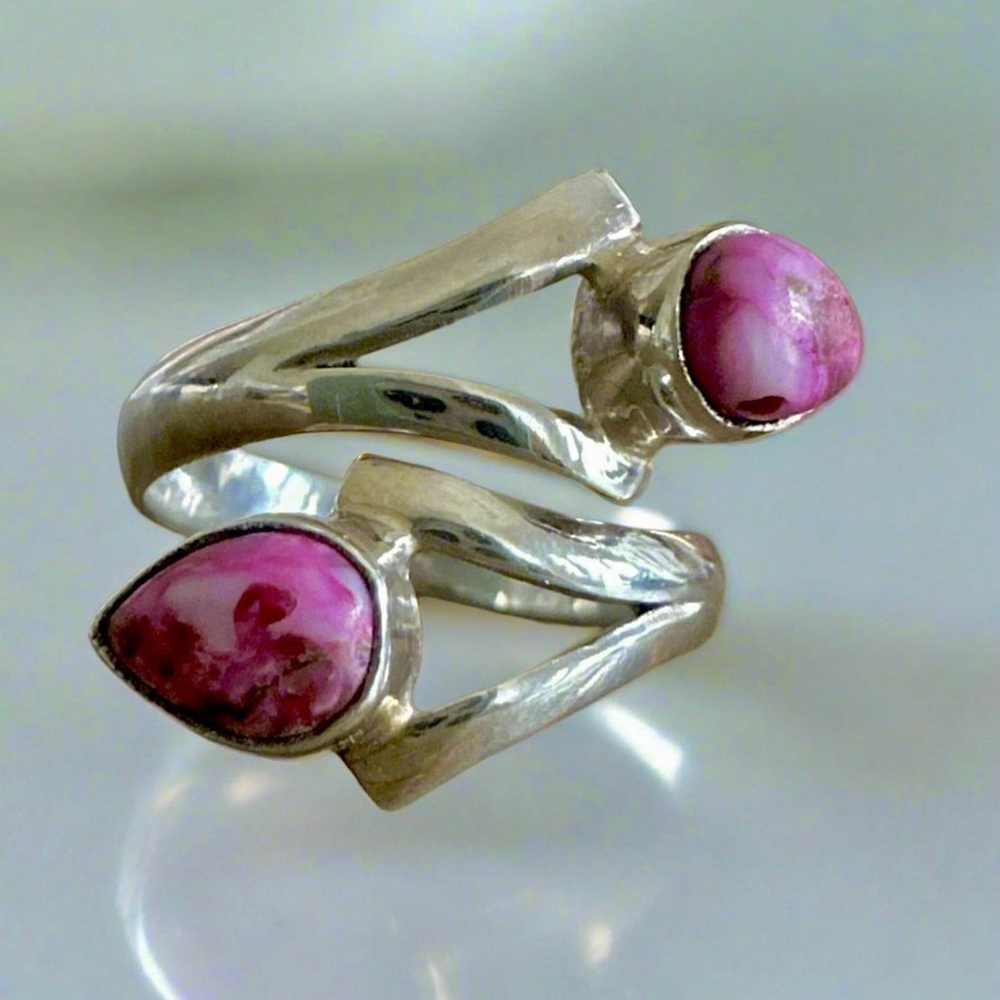 Pink Rose Dahlia Kingman Turquoise Bypass Ring Size 7