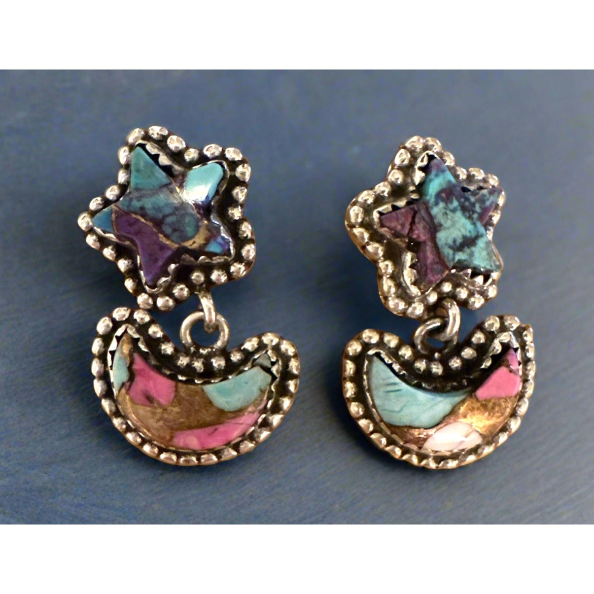 Cotton Candy Turquoise Star Moon Dangle Earrings 1”
