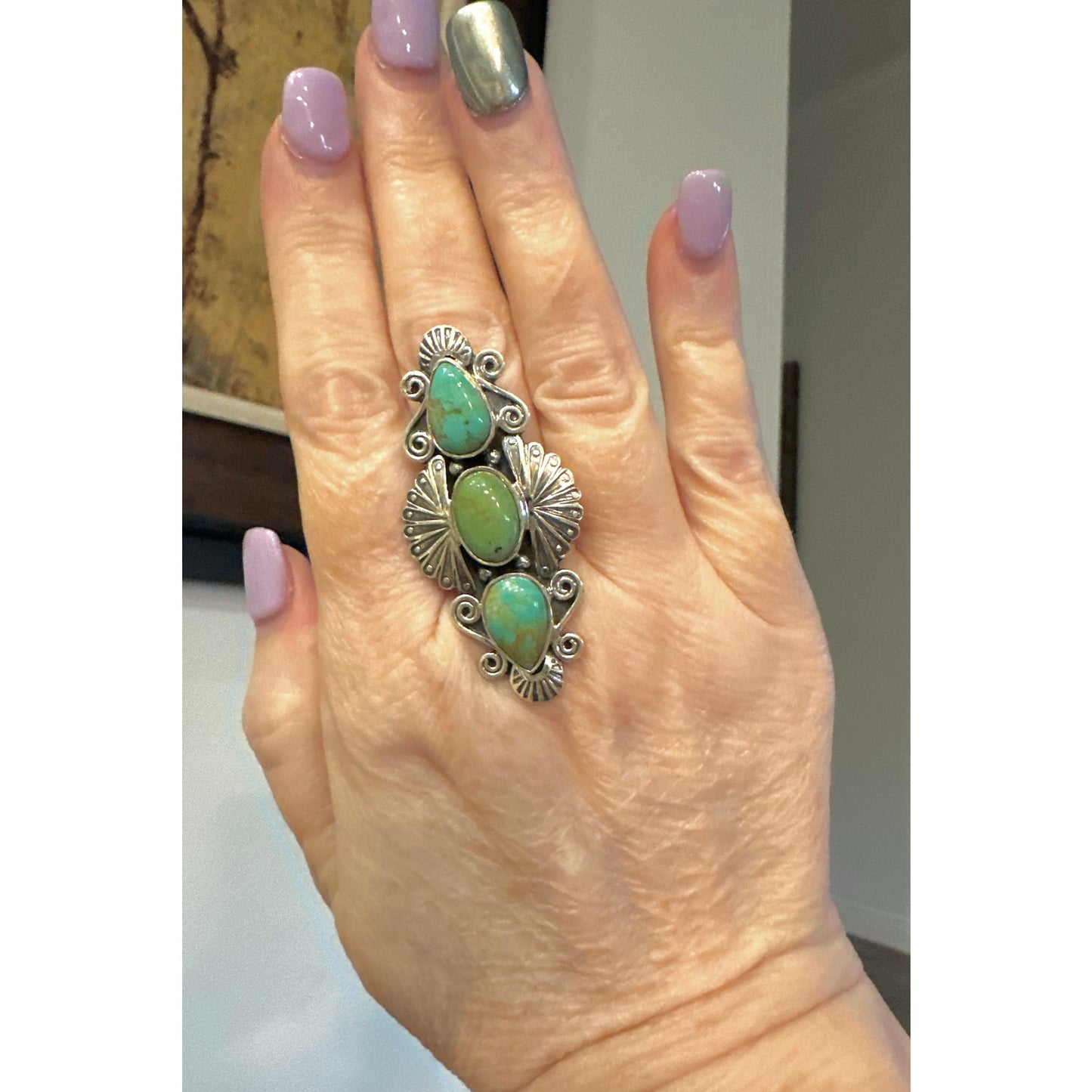Three Stone Turquoise Southwestern Sterling Silver Ring Size 9