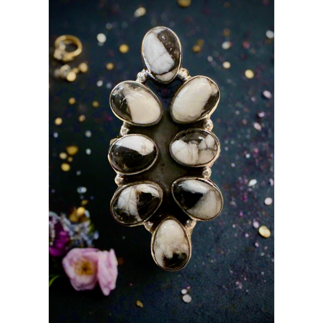 White Buffalo Southwestern Cluster Sterling Silver RIng Adjustable in Size