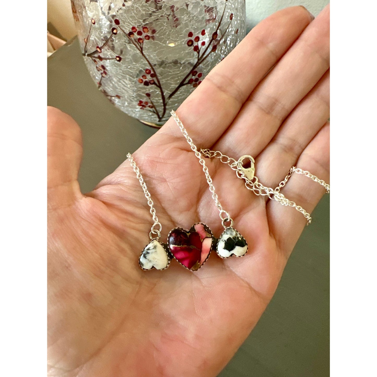 Red Rose Dahlia | White Buffalo | Heart Bar Necklace | 18-20”