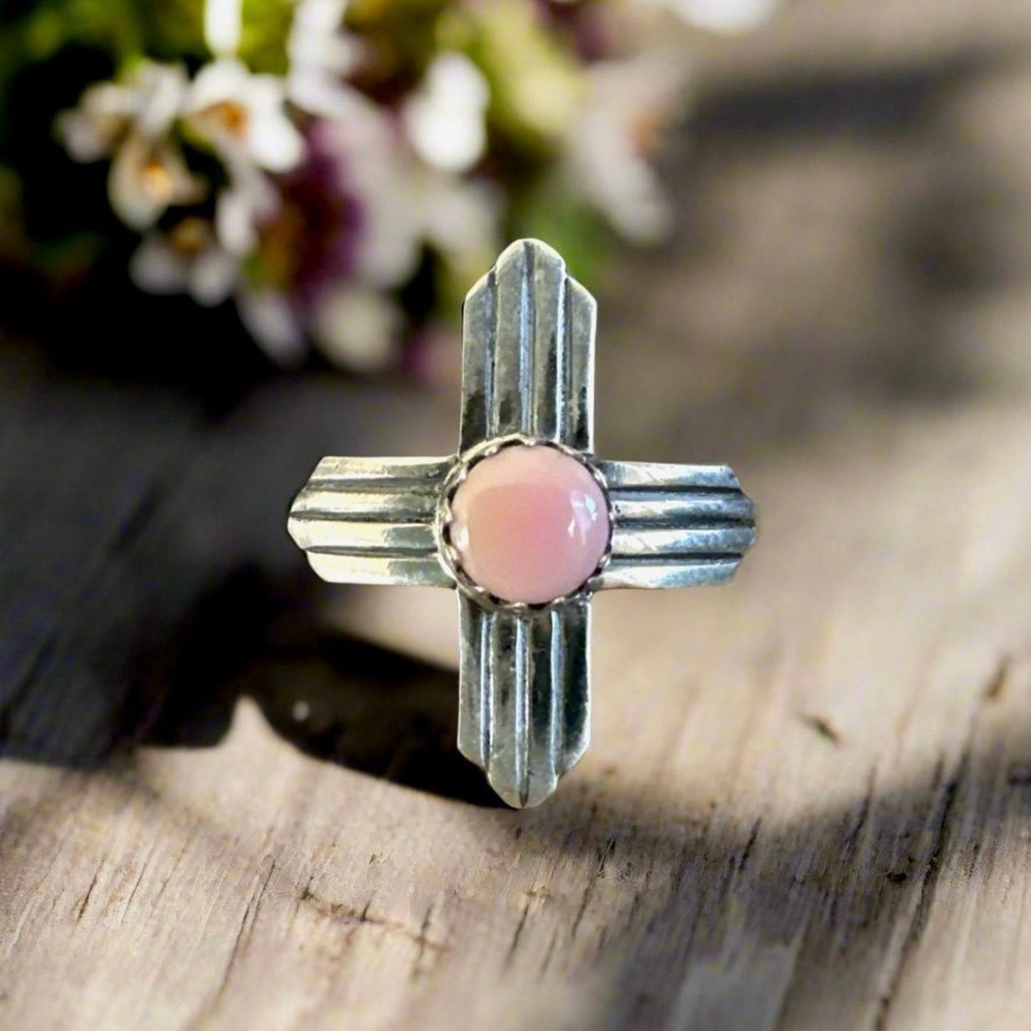 Pink Conch Zia Cross Sterling Silver Ring Size 10