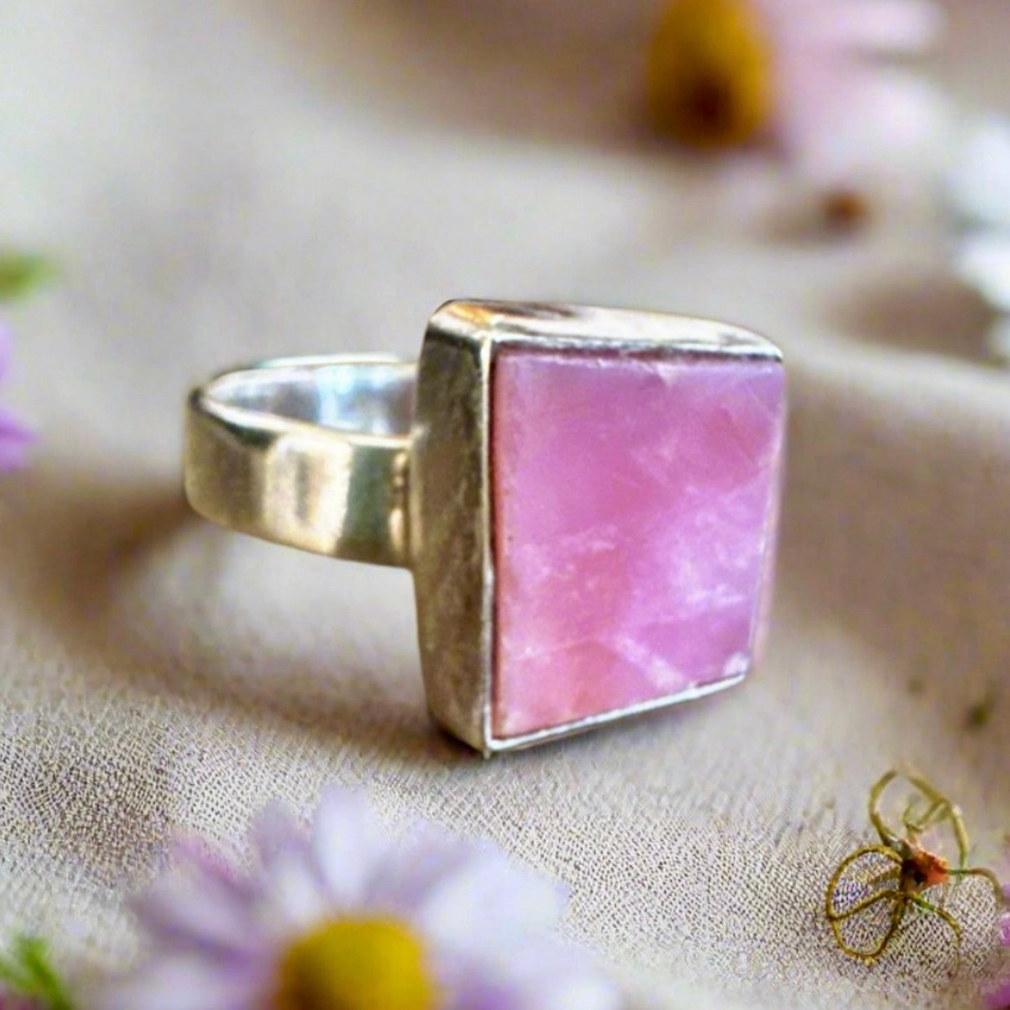 Rough Pink Opal Square Sterling Silver Ring Size 7