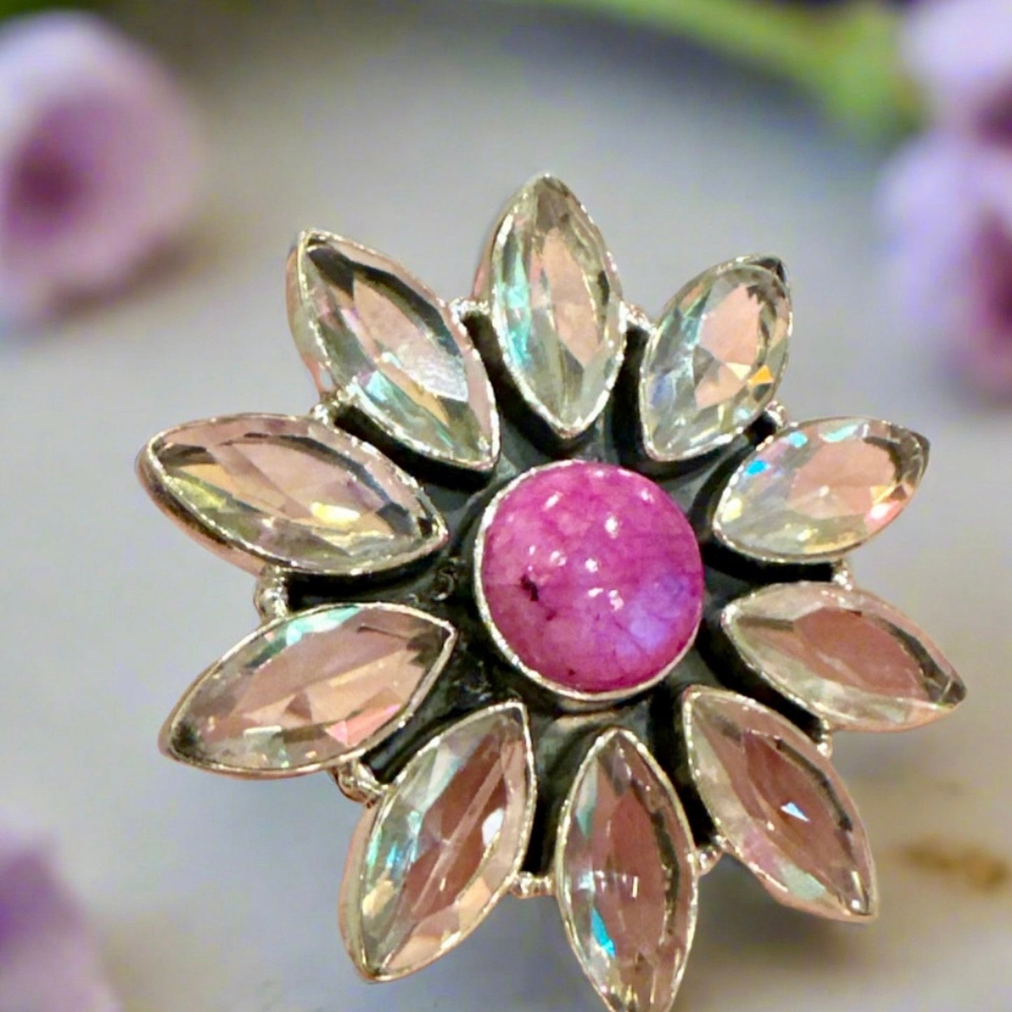 Pink Moonstone Aurora Quartz Oval Round Statement Ring Adjustable