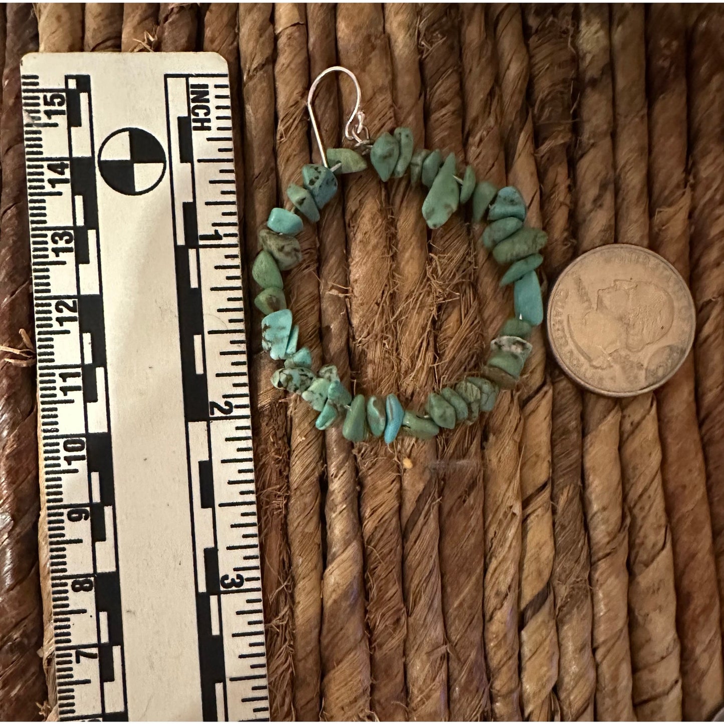 Genuine Turquoise Chip Hoop Dangle 925 Silver Earrings 2”