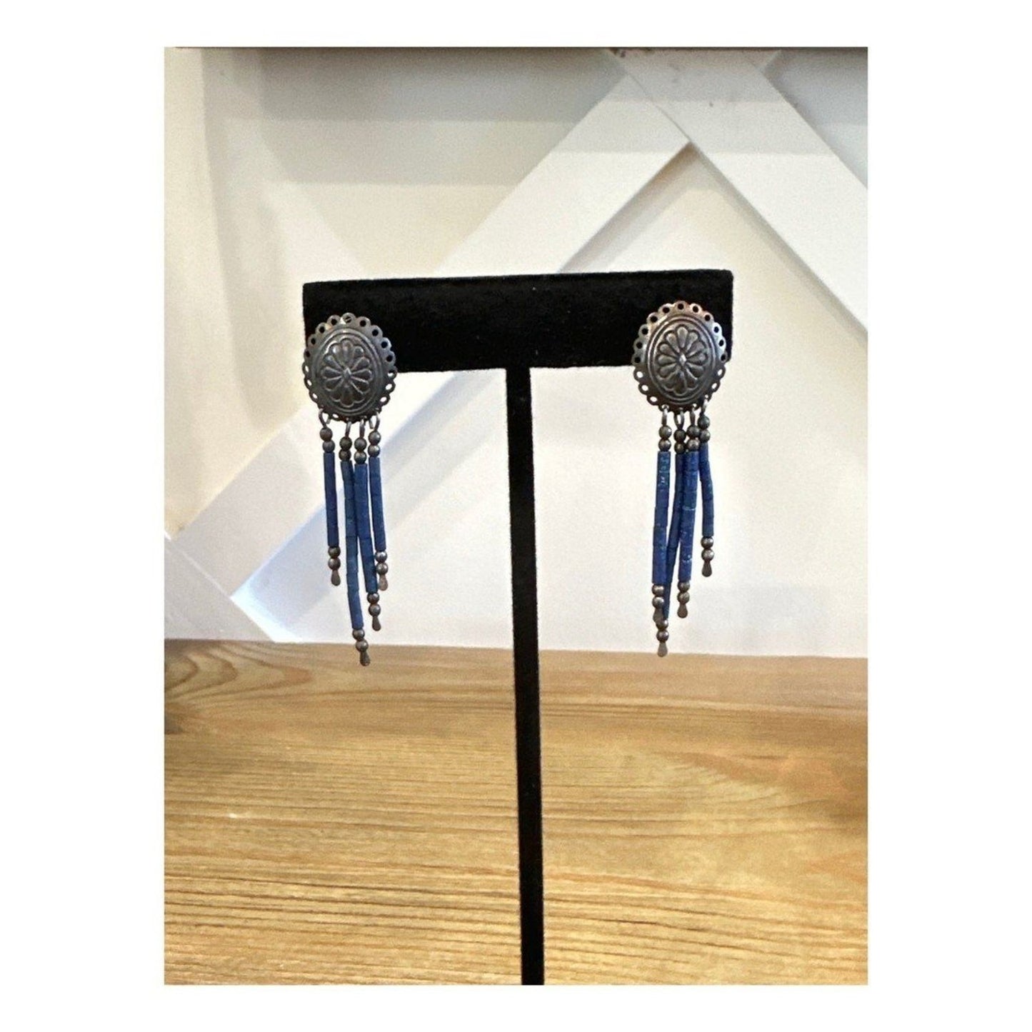 Vintage Sterling Silver Dangle Earrings with Lapis Lazuli 2"