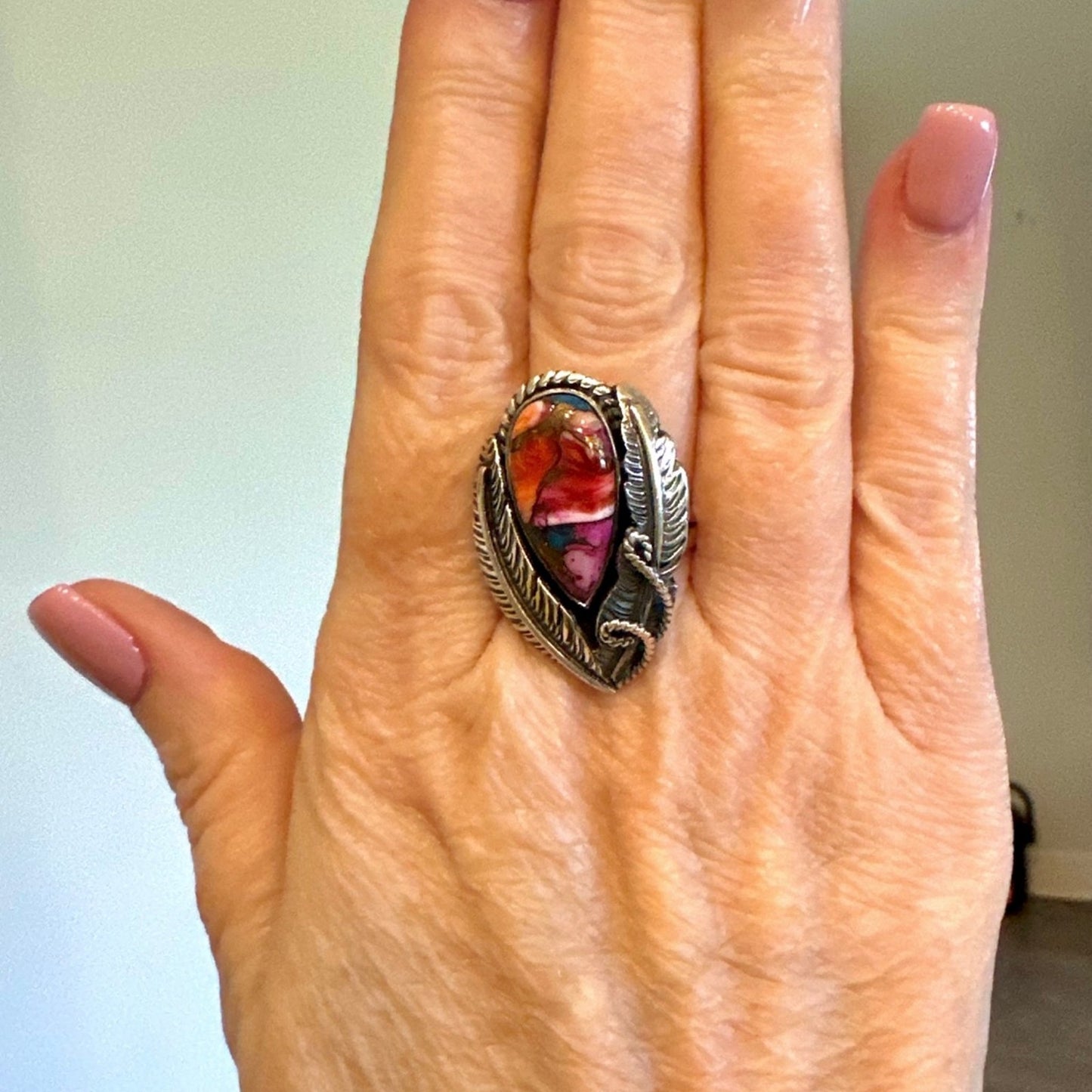 Pink Dahlia Sterling Silver Leaf Motif Teardrop Ring Size 8