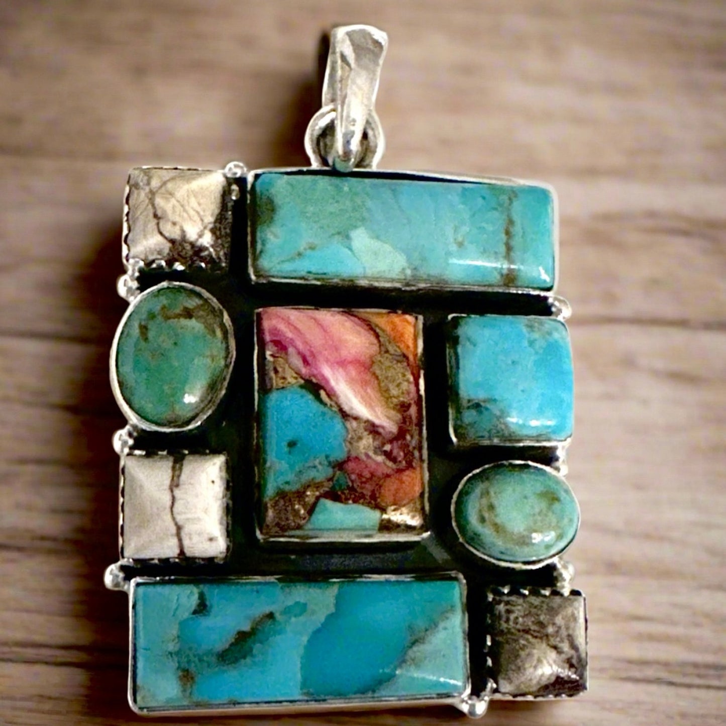 Pink Dahlia. Wild Horse Jasper & Turquoise Square Pendant 1.25x1.25 inches