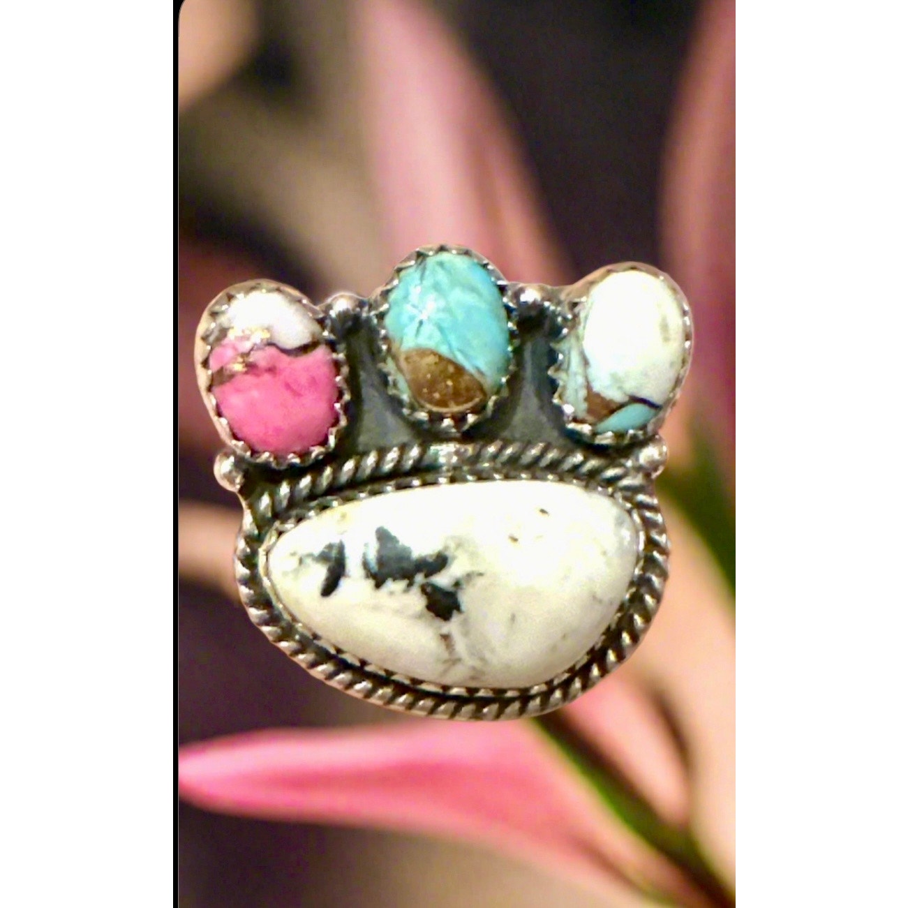 White Buffalo & Cotton Candy Cluster Sterling Ring Adjustable 5-11