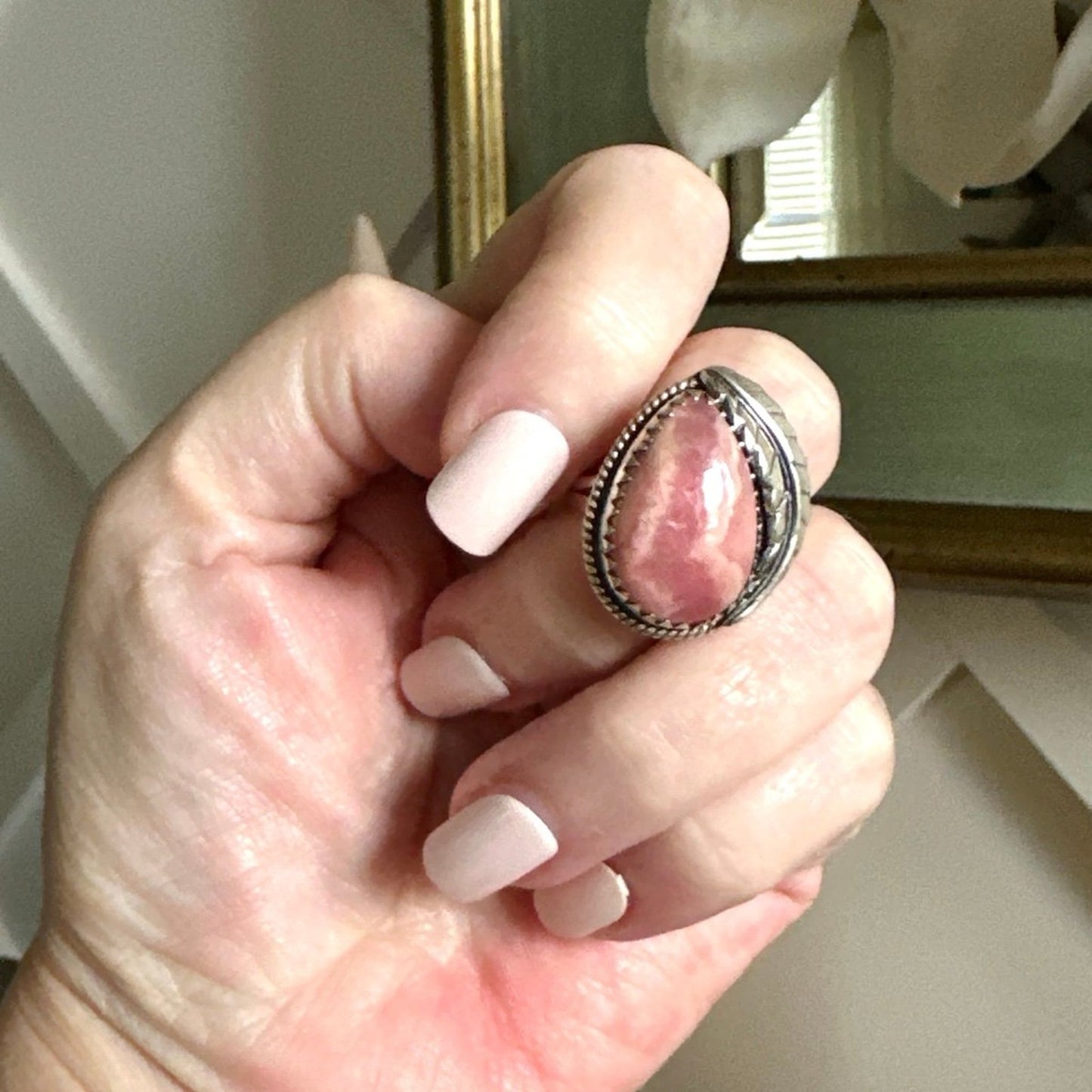 Rhodochrosite Sawtooth Leaf Design Southwestern Ring Size 8.75